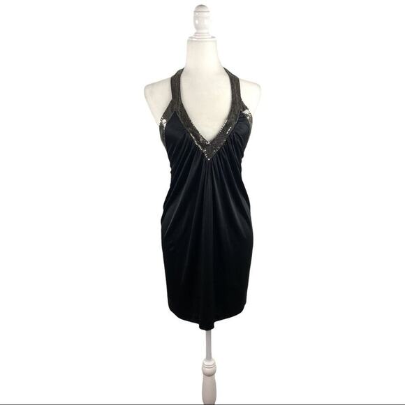 BCBG Diamante Mesh Mini Dress Black V-Neck Halter XS Clubwear Disco Party - Picture 3 of 14